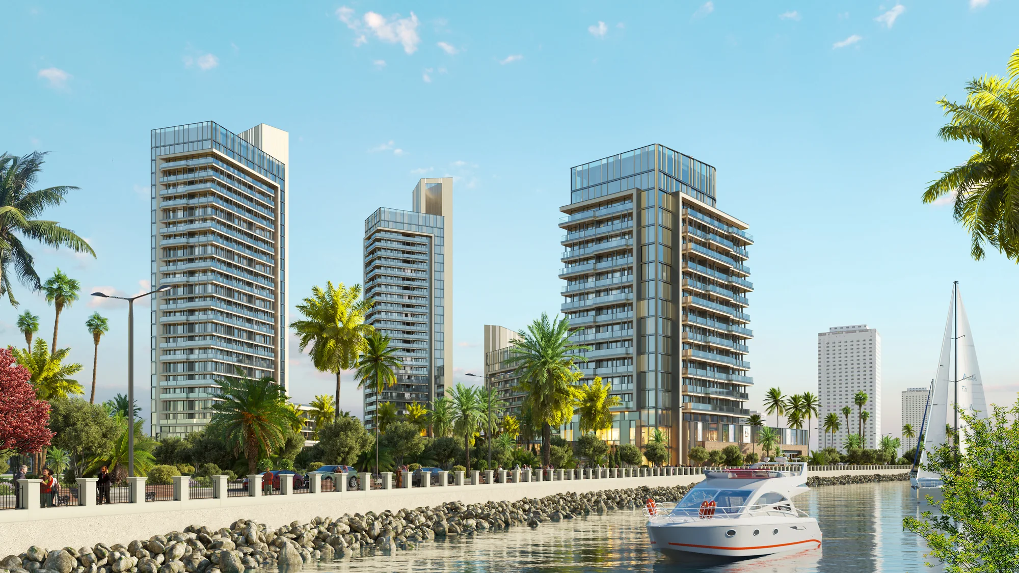 Башни Sabah Towers со стороны моря, яхта у волнолома